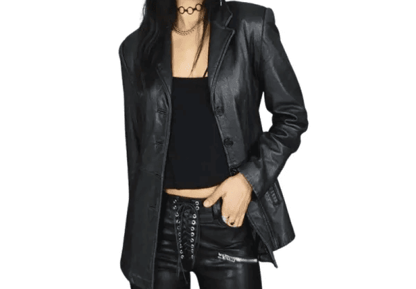 Women's Black Lambskin Leather Blazer - Image 2
