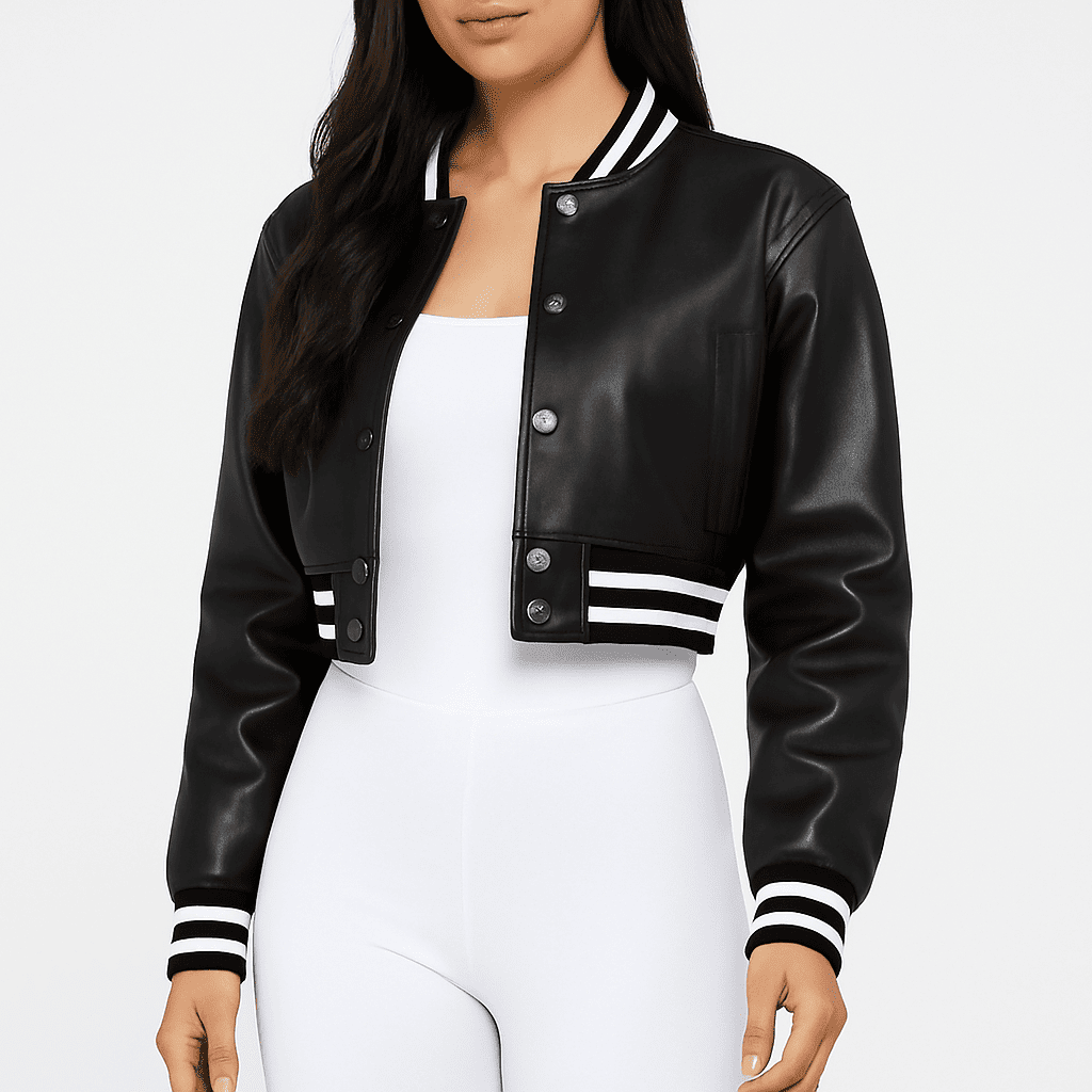 Women's black leather varsity jacket