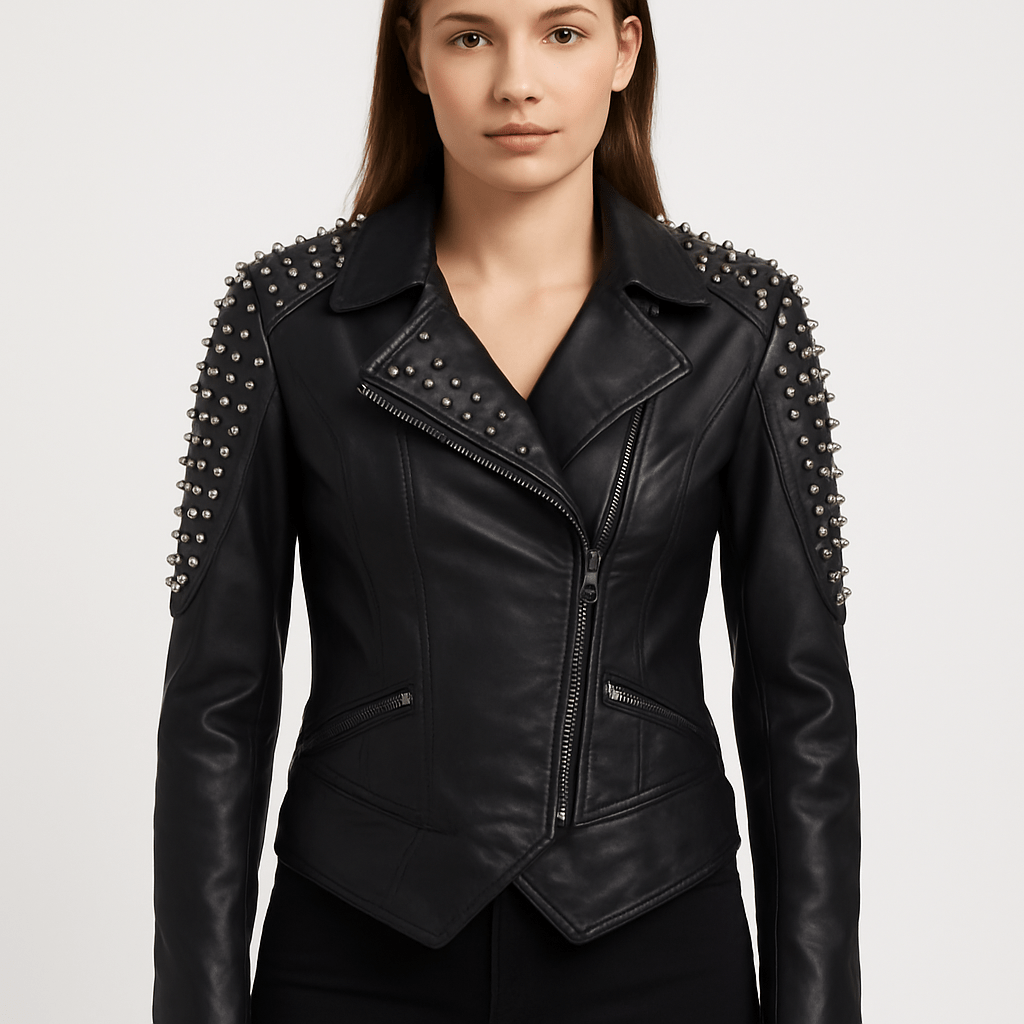 Women's black punk studded leather moto jacket