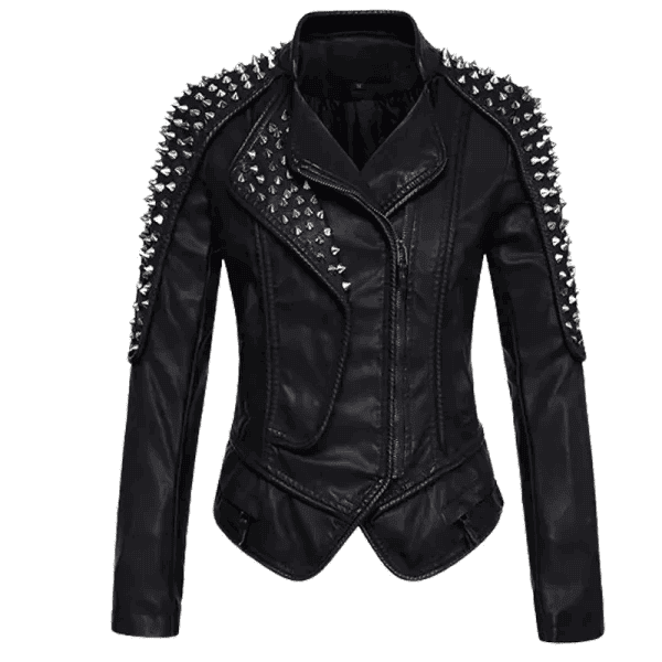 Women's Black Punk Studded Leather Moto Jacket - Image 2