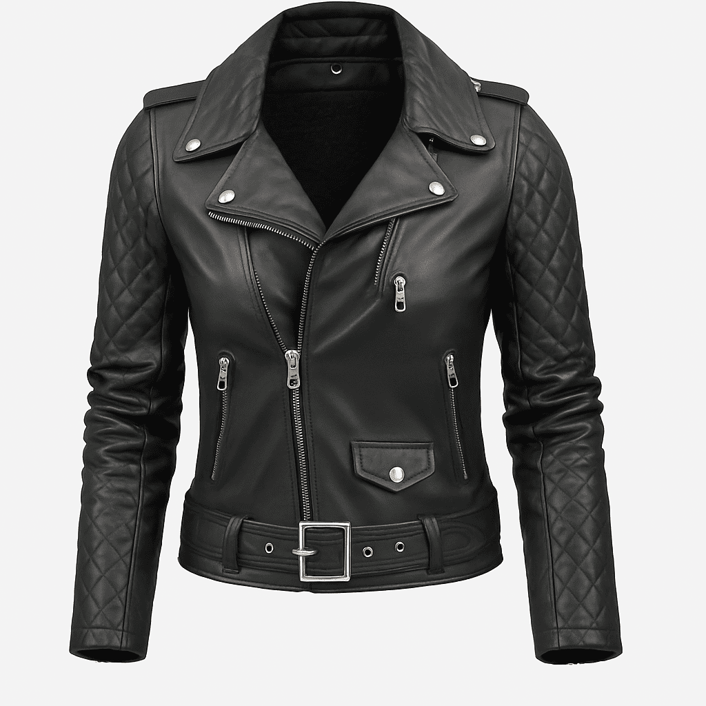 Women's black quilted biker real leather jacket with lapel style collar, front zipper closure, and zipper cuffs