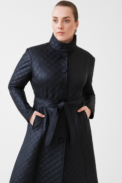 Women’s Black Quilted Leather Trench Coat
