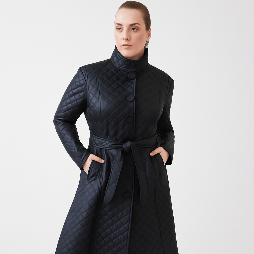 Women's black quilted leather trench coat