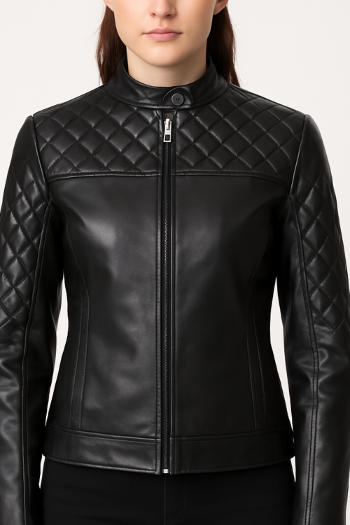 Women’s Black Quilted Slim-Fit Leather Jacket with Snap Tab Collar