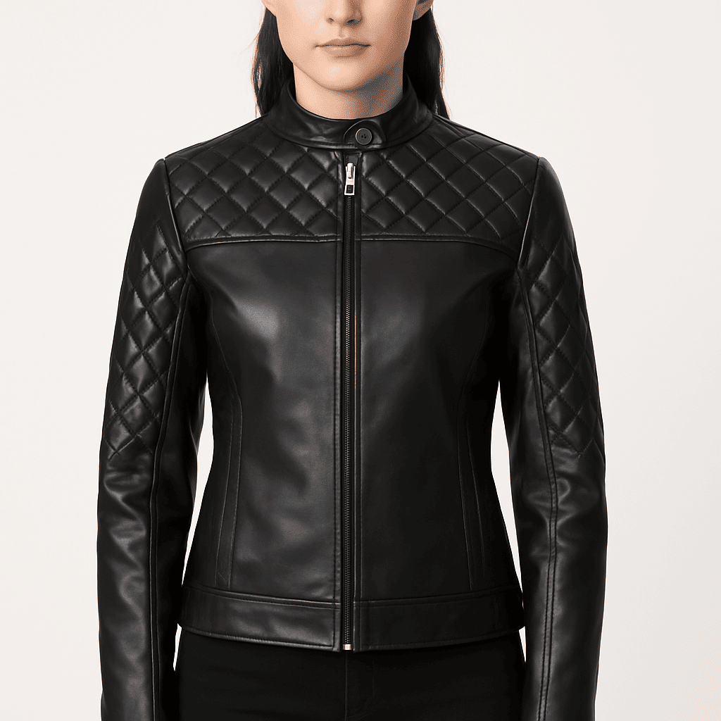 Women's black quilted slim-fit leather jacket with snap tab collar