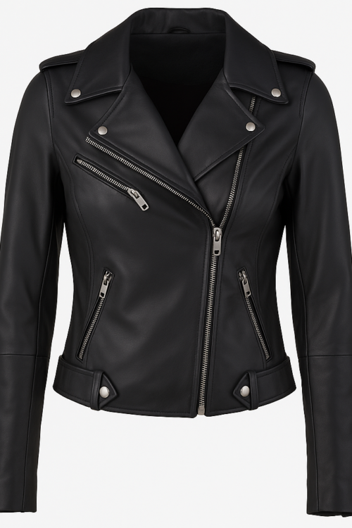 Women’s Black Real Leather Biker Jacket with Asymmetrical Collar
