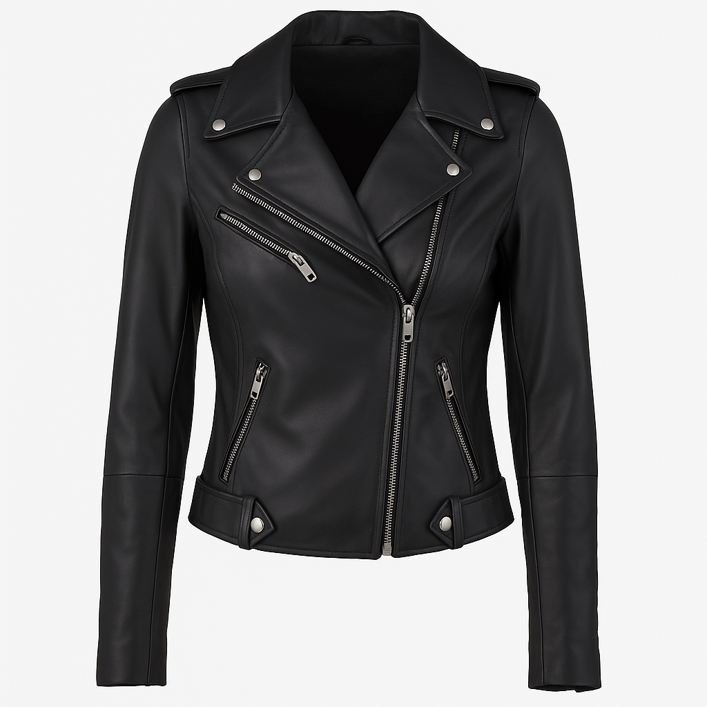 Women's black real leather biker jacket with asymmetrical style collar, front zipper closure, and zipper cuffs