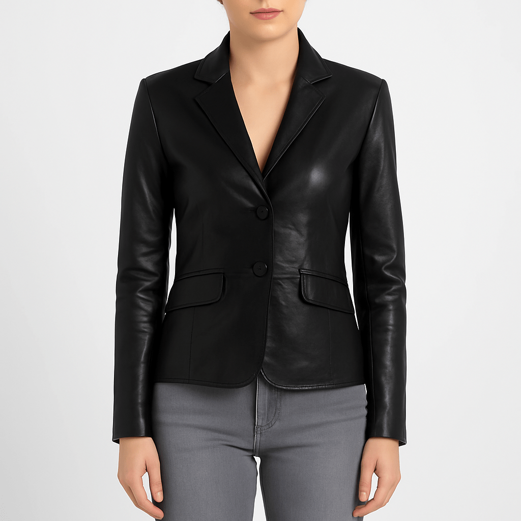 Women's black real leather blazer