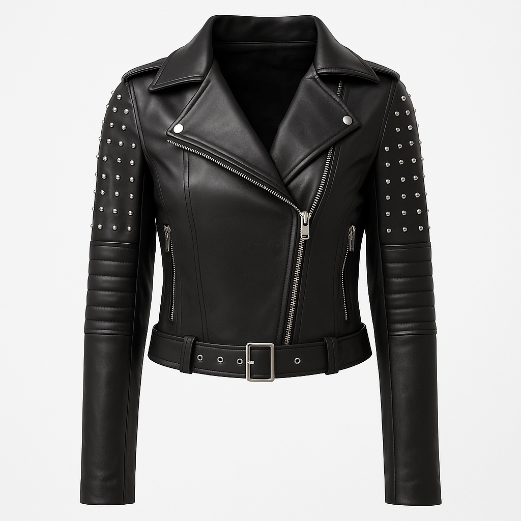 Women's black real leather studded biker jacket with zipper closure and asymmetrical style collar