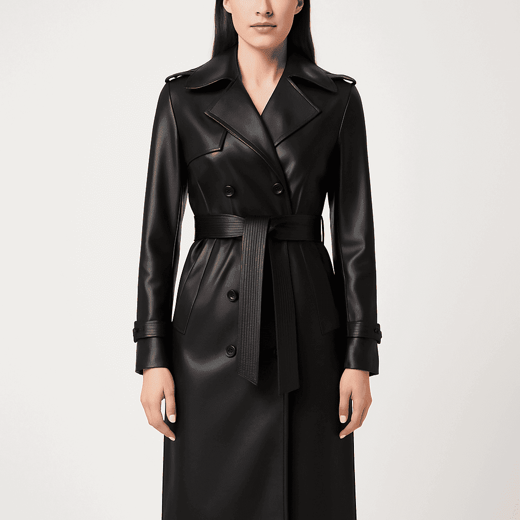Women's Black Vegan Leather Trench Coat