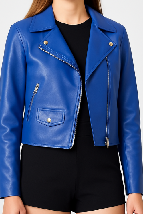 Women’s Blue Genuine Leather Biker Jacket