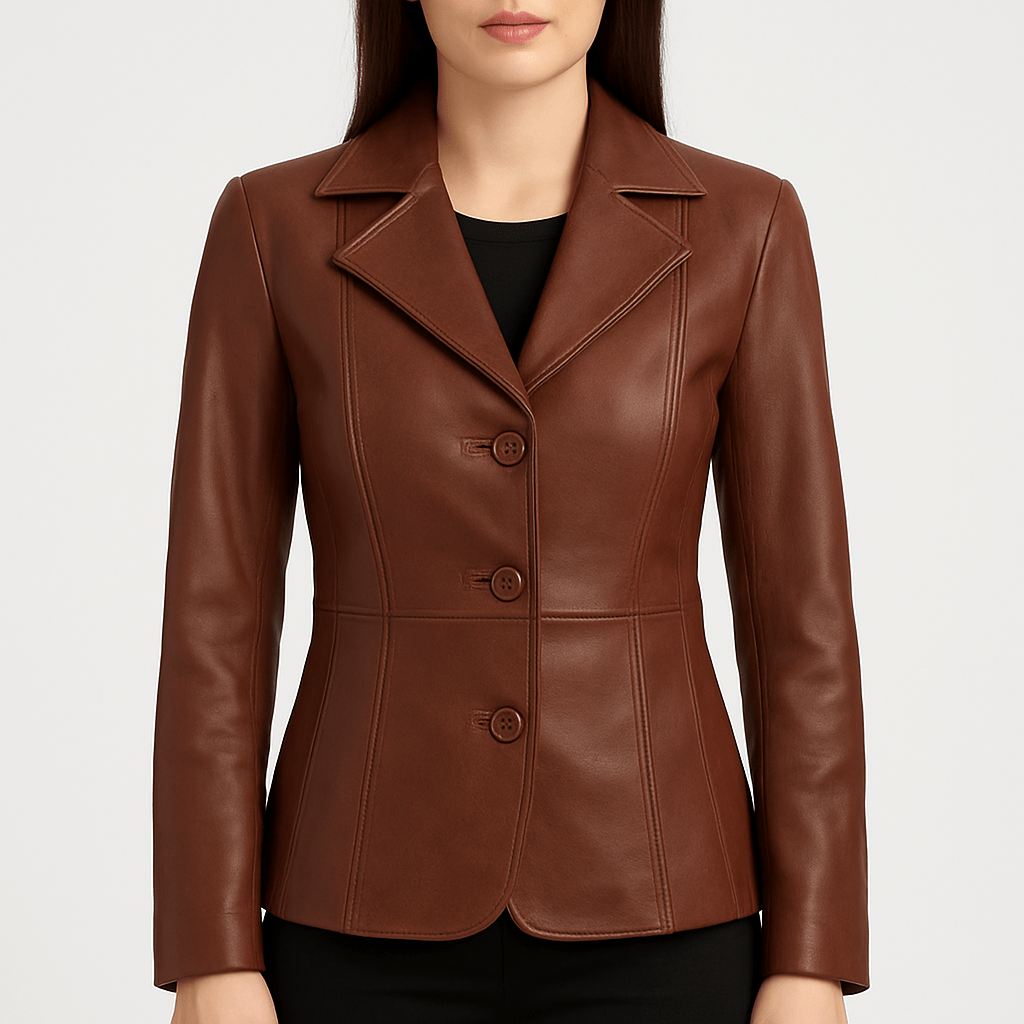 Women's cognac brown leather blazer for formal wear