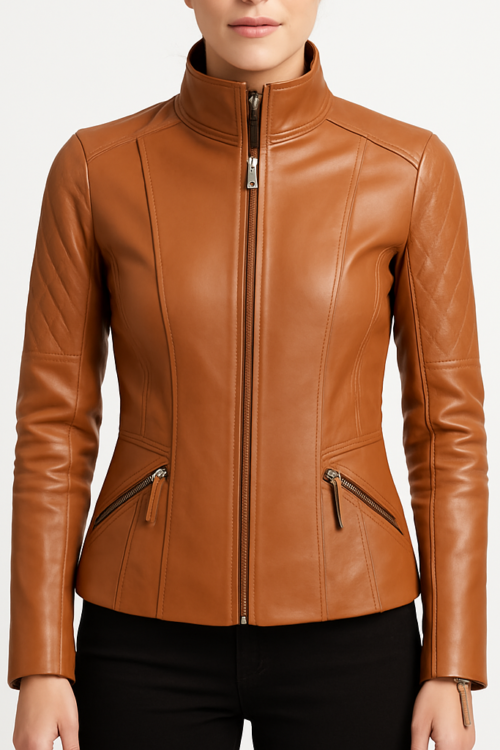 Women’s English Tan Leather Jacket with Quilted Patches