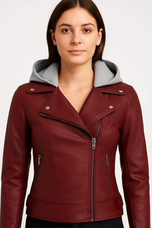 Women’s Faux PU Leather Zip-Up Double-Breasted Moto Jacket with Hoodie