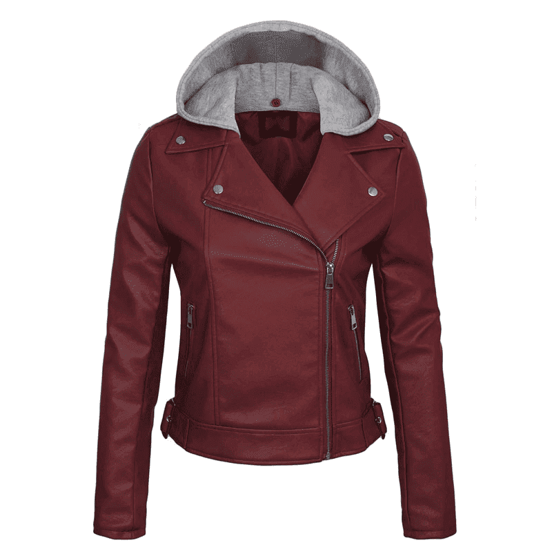 Women's Faux PU Leather Zip-Up Double-Breasted Moto Jacket with Hoodie - Image 2