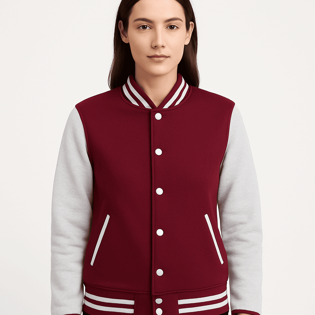 Women's maroon and grey varsity jacket