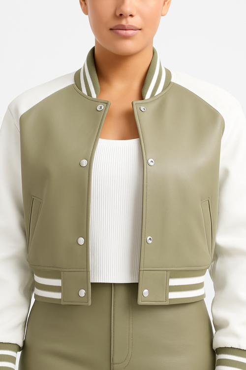 Women’s Olive Green & White Leather Varsity Jacket