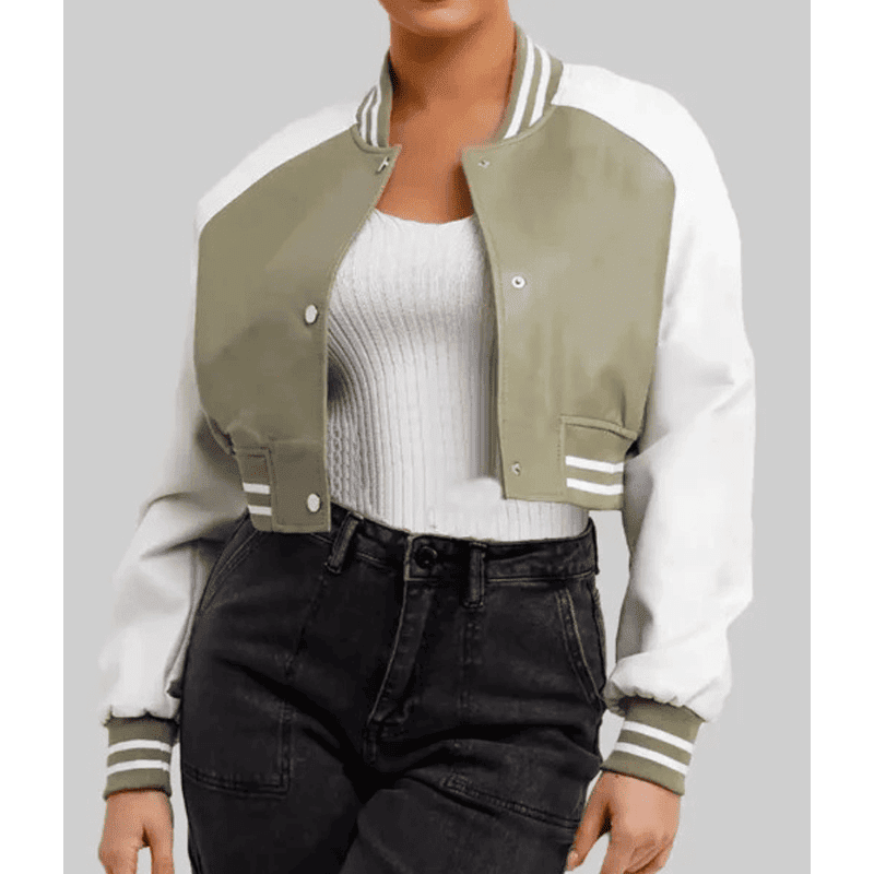 Women's Olive Green & White Leather Varsity Jacket - Image 2
