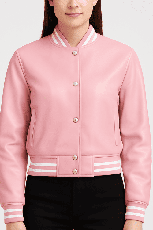 Women’s Pink Leather Varsity Jacket