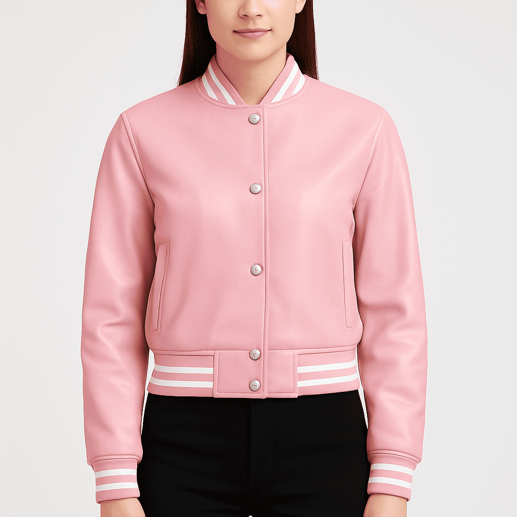 Women's pink leather varsity jacket