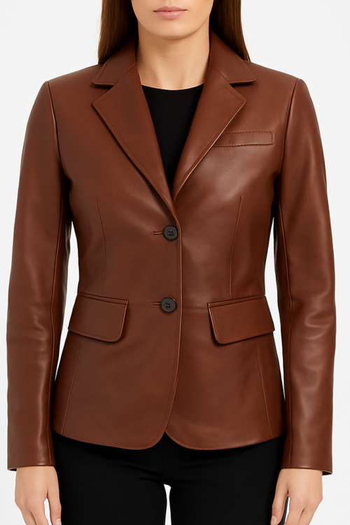 Women’s Premium Two Button Brown Leather Blazer