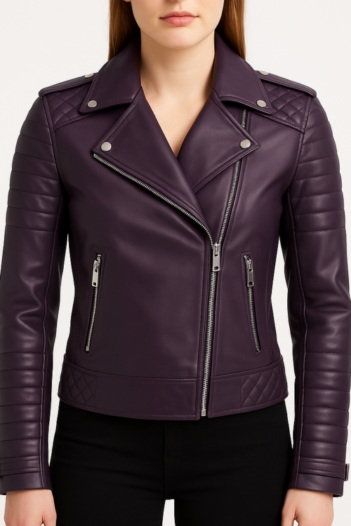 Women’s Purple Leather Quilted Double Rider Jacket