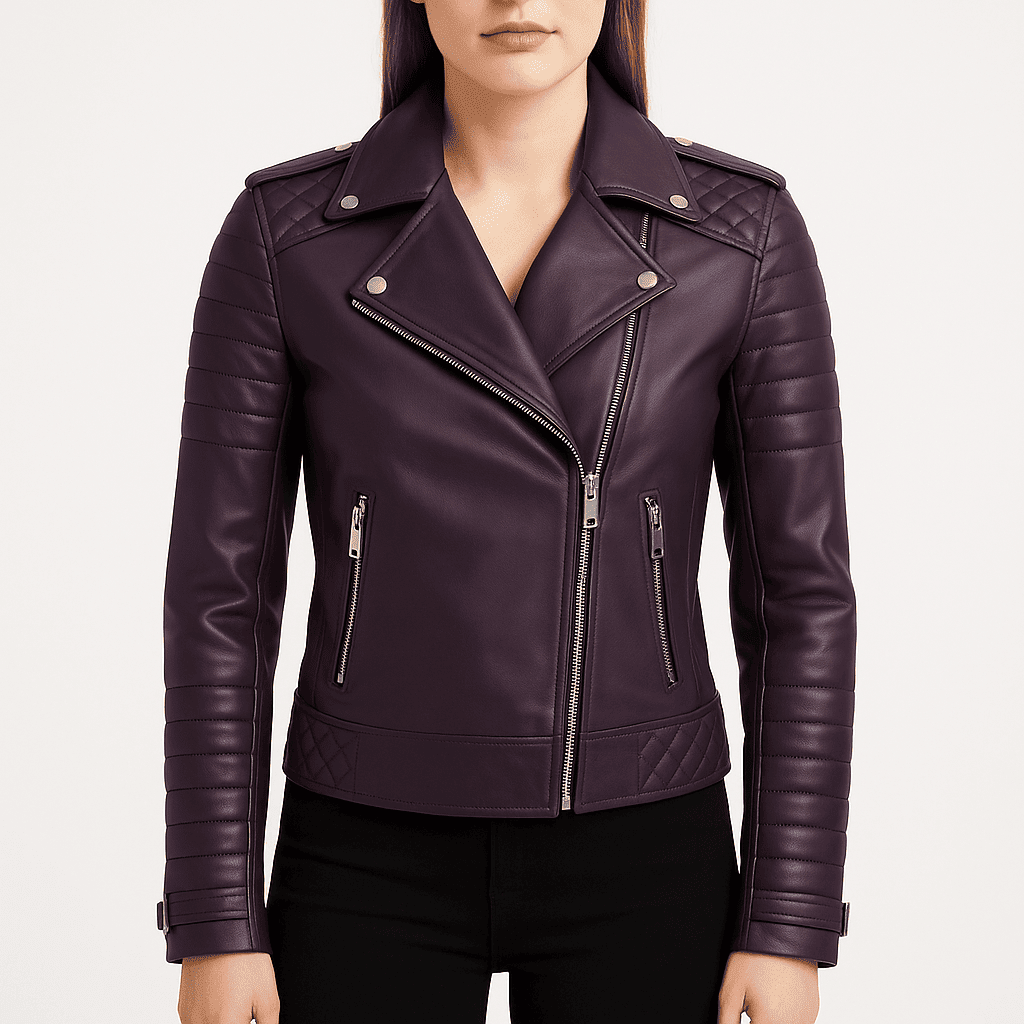 Women's purple leather quilted double rider jacket