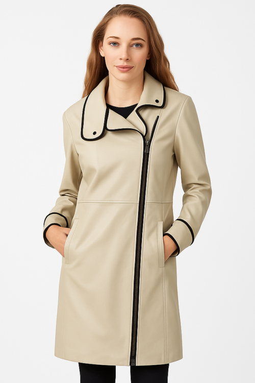 Women’s Real Beige Leather Trench Alaska Coat