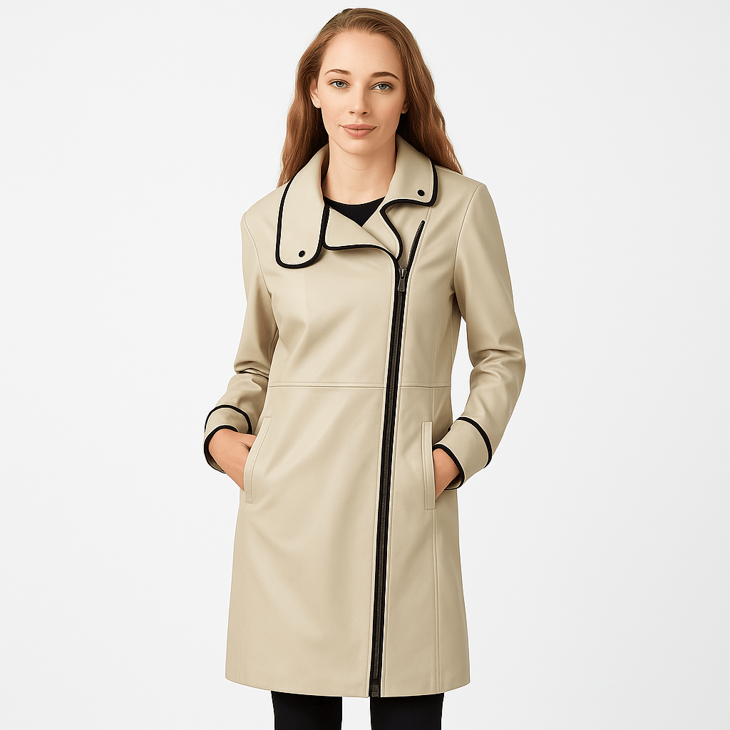 Women's Real Beige Leather Trench Alaska Coat in beige real leather