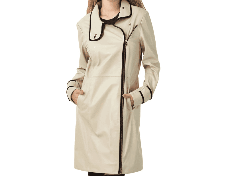 Women's Real Beige Leather Trench Alaska Coat - Image 2