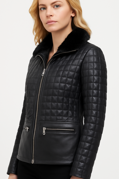 Women’s Real Black Leather Diamond Classic Jacket