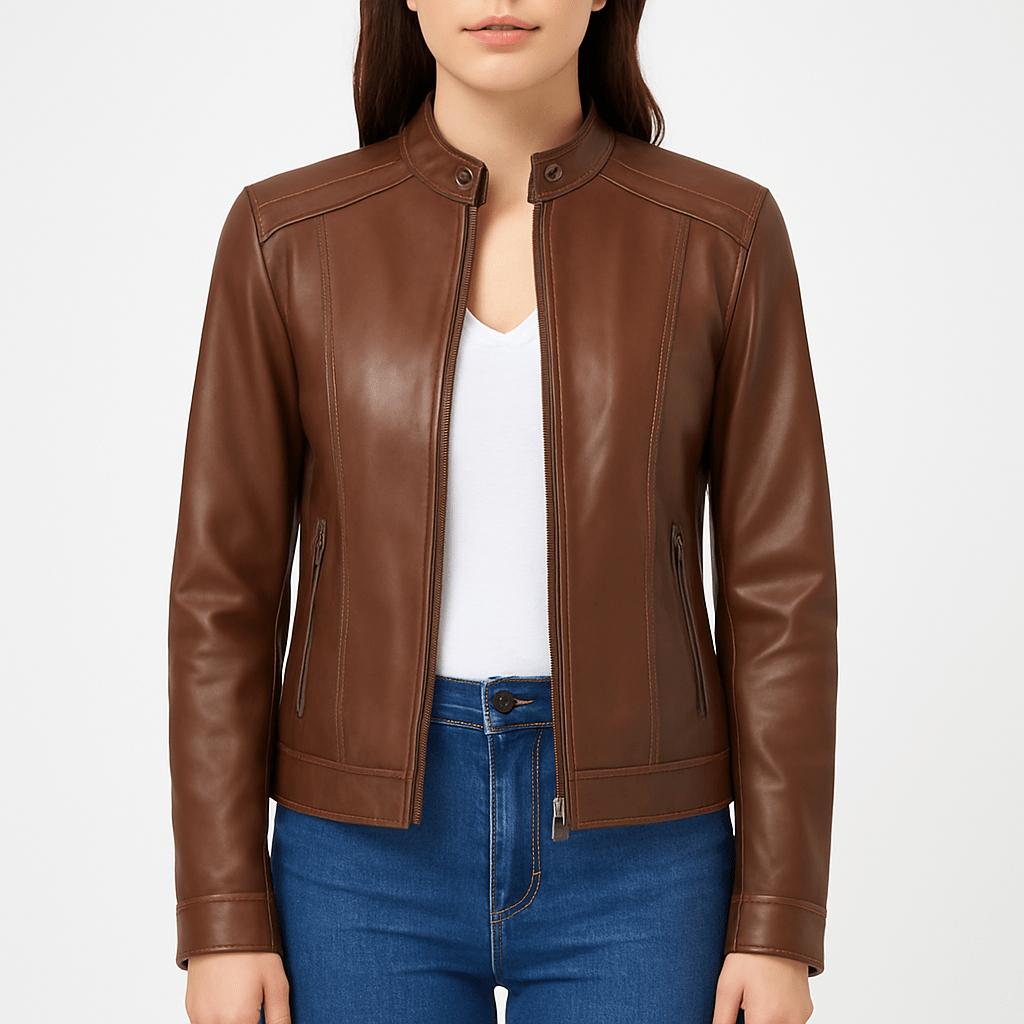 Women's real brown leather classic jacket product image