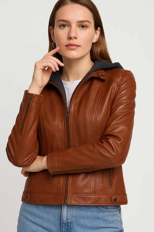 Women’s Real Brown Leather Hooded Style Jacket