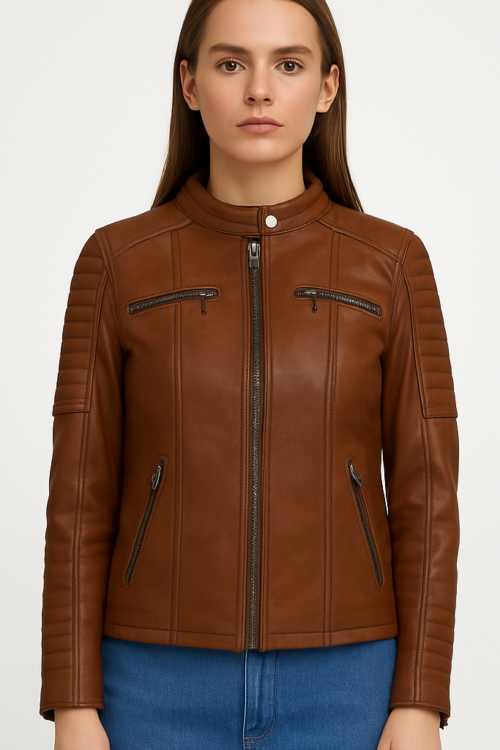 Women’s Real Brown Leather Moto Style Jacket