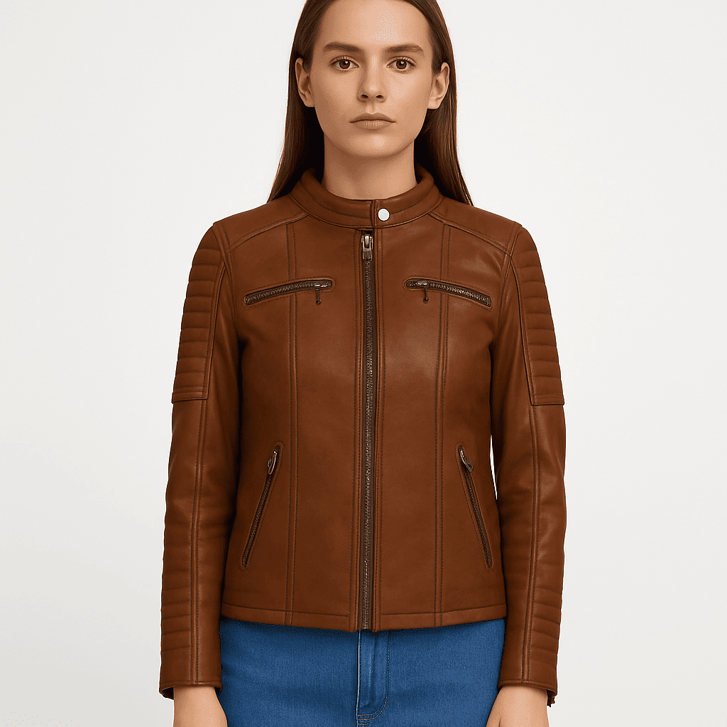 Women's real brown leather moto style jacket