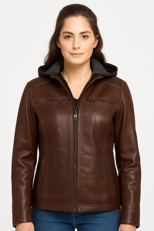 Women’s Real Chocolate Brown Leather Hooded Jacket
