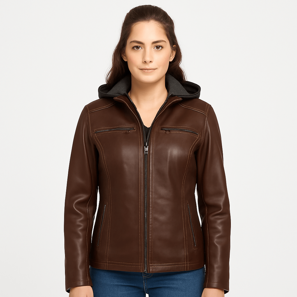Women's real chocolate brown leather hooded jacket