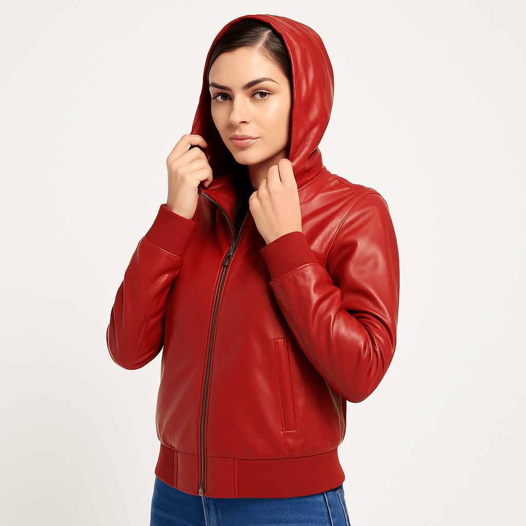 Women's real red leather reversible bomber jacket