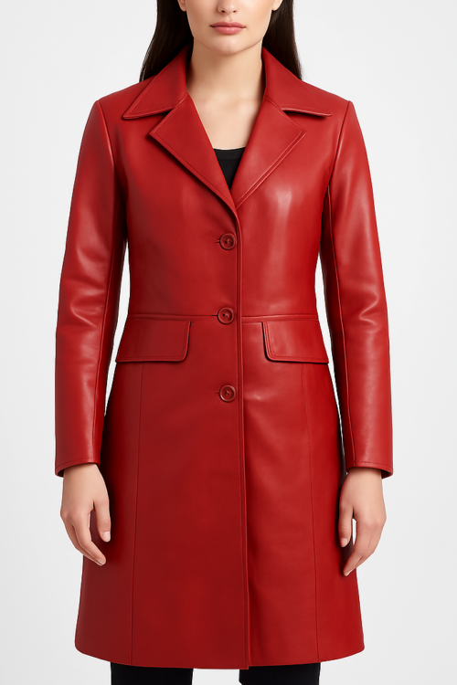 Women’s Red Leather Trench Long Coat