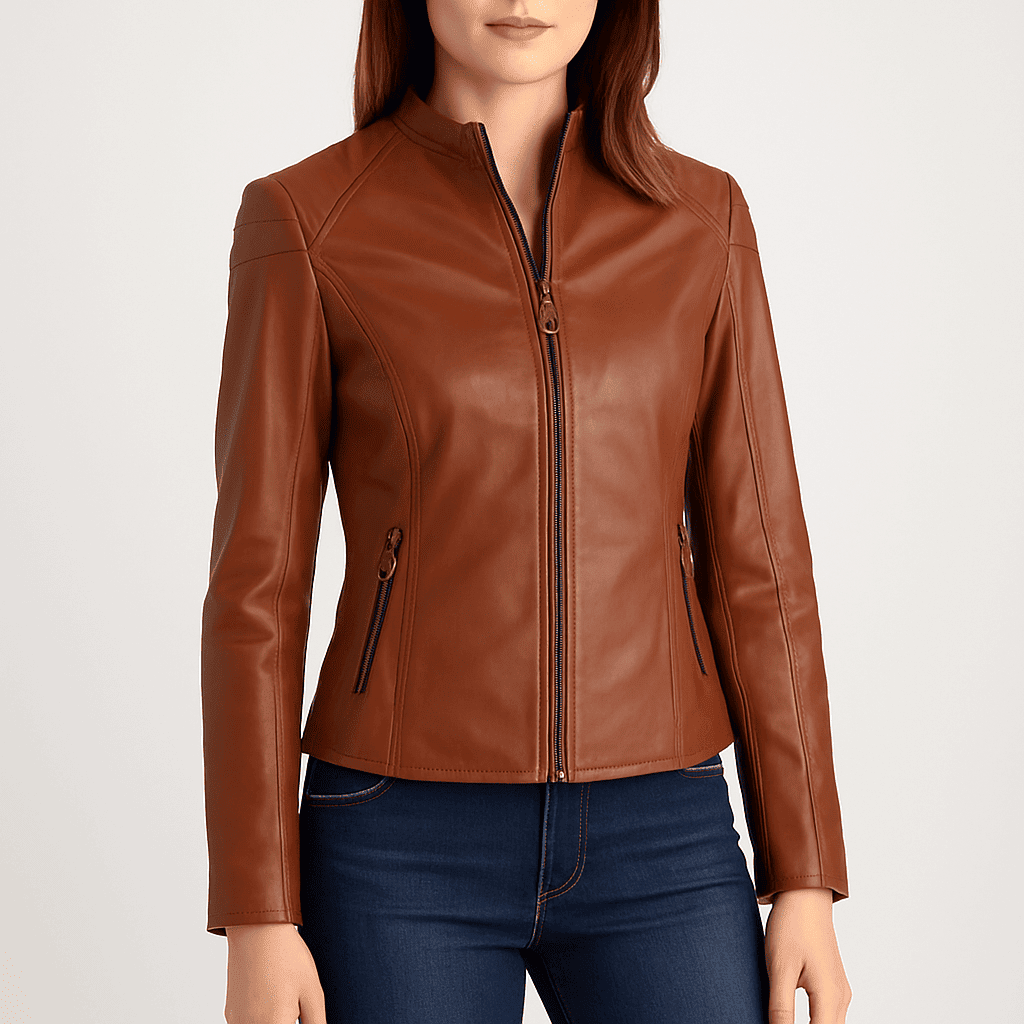 Women's slim fit brown leather jacket