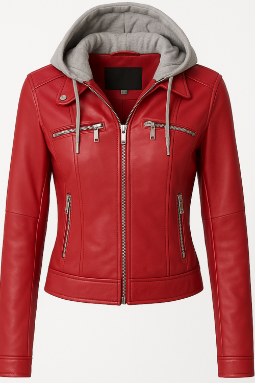 Women’s Slim Fit Hooded Red Genuine Leather Jacket