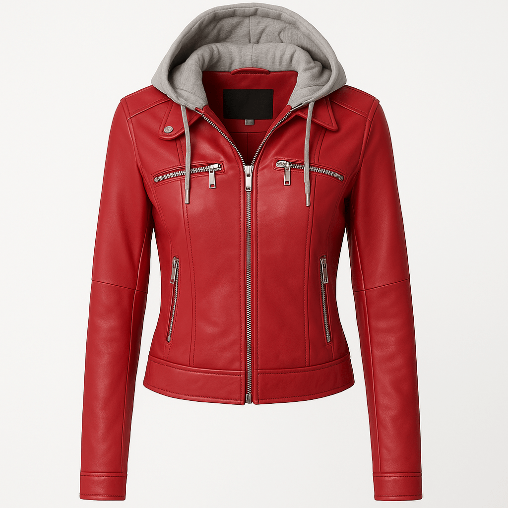 Women's slim fit hooded red genuine leather jacket