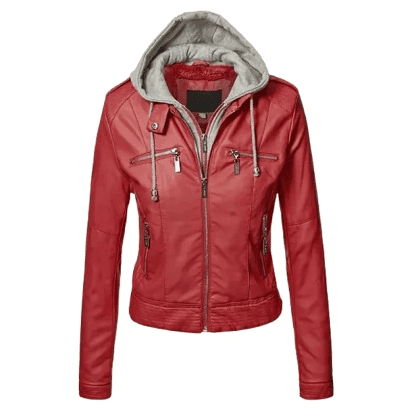 Women's Slim Fit Hooded Red Genuine Leather Jacket - Image 2