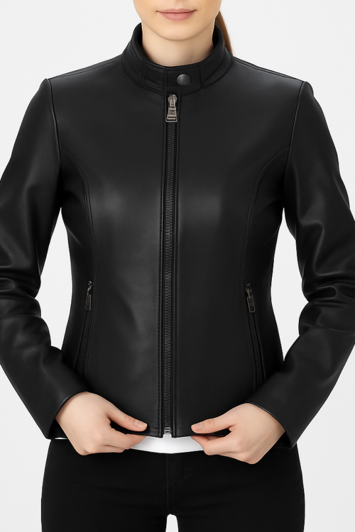 Women’s Slimfit Black Cafe Racer Leather Jacket
