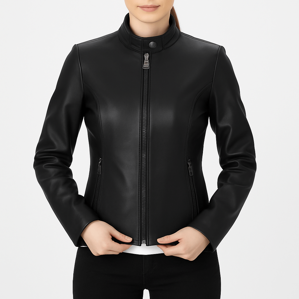 Women's slimfit black cafe racer leather jacket