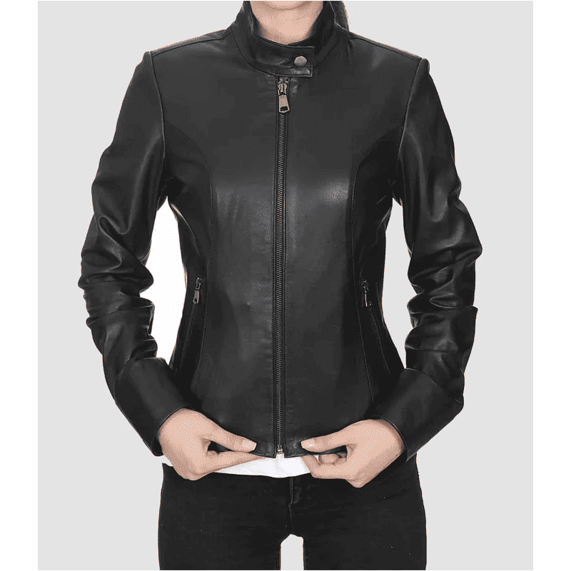 Women's Slimfit Black Cafe Racer Leather Jacket - Image 2
