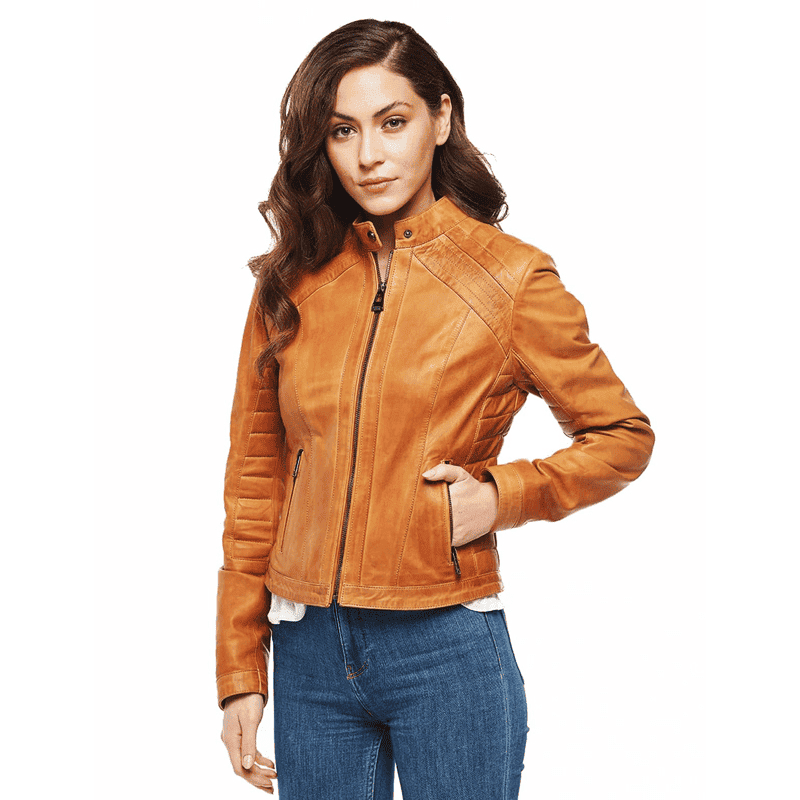 Women's Tan Waxed Real Leather Jacket - Image 2