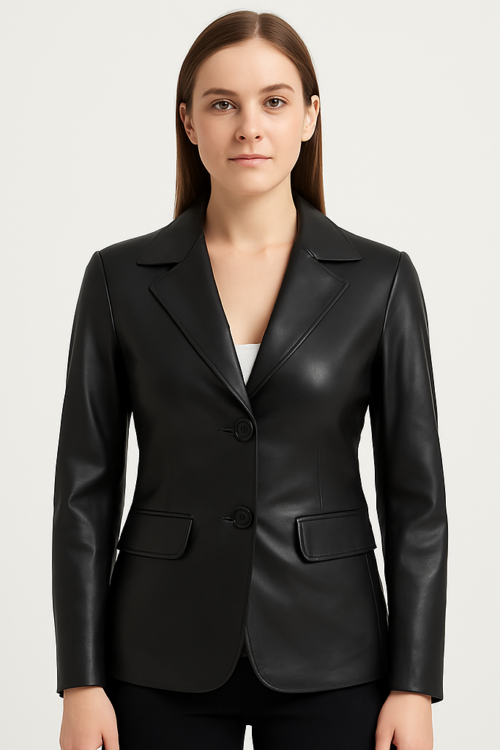 Women’s Two-Button Black Real Lambskin Leather Blazer