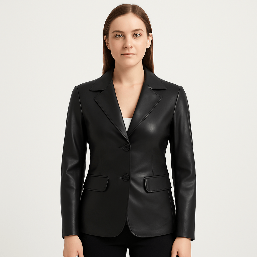 Women's two-button black real lambskin leather blazer