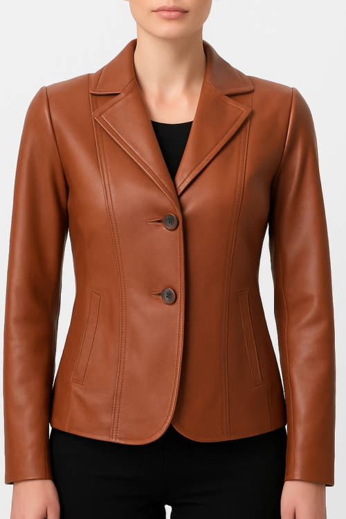 Women’s Two-Button Tan Leather Blazer Jacket